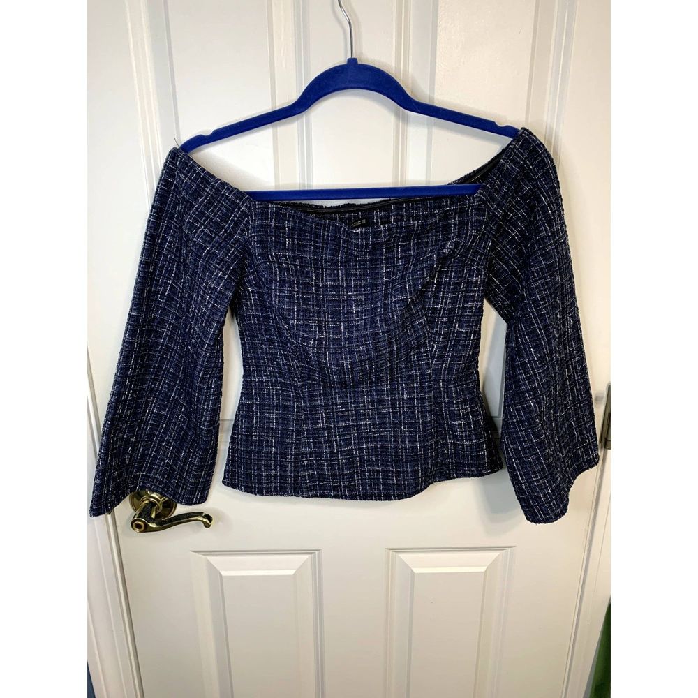 Zara Black & Blue Off The Shoulder Tweed Top Blouse Size XS - NWT